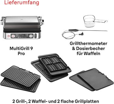 Braun MultiGrill 9 Pro CG 9167, contact grill with grill, flat, and waffle plates and temperature probe. Grill positions: contact, BBQ, oven. Dishwasher-safe plates, Boost function up to 265°.