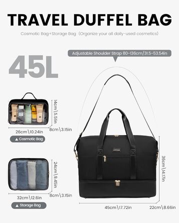 Спортивна сумка LOVEVOOK для подорожей: велика дорожня сумка-мішок 60L з відділенням для взуття (45x36x20cm, чорний)