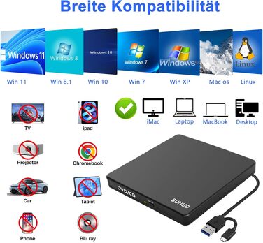 Зовнішній DVD-навігатор та CD-привід BUNUD для Windows 11, Mac, MacBook, PC: USB DVD-записувач та плеєр з картридером SD/TF та 2 USB-портами