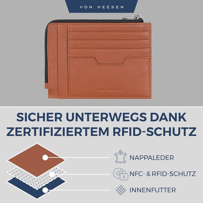 Шкіряний RFID картхолдер VON HEESEN з наппа-шкіри, портмоне для кредитних карток на 9 відділень, унісекс (Коньячний коричневий)