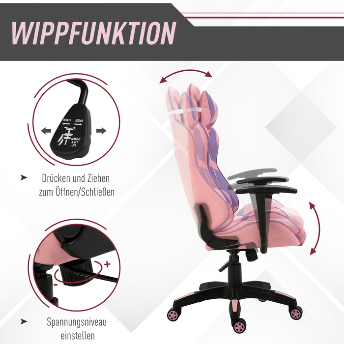 Vinsetto Gaming Chair Ergonomic Office Chair, Swivel Chair, Adjustable Massage Lumbar Cushion, Height Adjustable, Pink & Violet, 69x56x125.5cm | Aosom