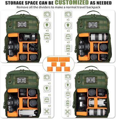 Рюкзак для камери з відділенням для ноутбука 15.6 дюймів - водонепроникний рюкзак для фототехніки, міцний, сумісний з Canon, Nikon, DJI | Знімний підкладковий вкладиш | Ремінь для штатива (Зелений)