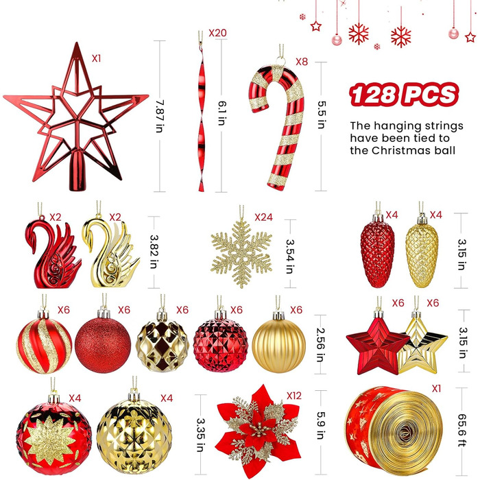 Набір прикрас для ялинки Alupssuc 128 шт: ялинкові кулі, квіти, стрічки, верхівка, гачки (чорний & золотий, синій & золотий, червоний & золотий)
