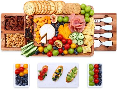 hecef Cheese Board Set, Acacia Wood, Square Cheese Board with 2 Pull-Out Drawers & Cutlery Set & Snack Plates & Marble Cheese Slate