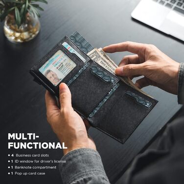 Чоловіче шкіряне картхолдер VULKIT з RFID-блокуванням, відділенням для грошей та віконцем для посвідчення (креуц-чорний)