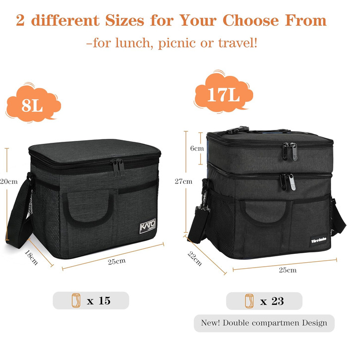 Термосумка Kato Tirrinia 17L (23 банки) - велика, чорна, водонепроникна для пікніків, роботи, пляжу
