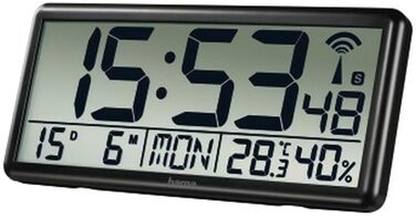 Hama Digital XXL Wall Clock with Radio Control (Digital Clock with Thermometer and Hygrometer, Large Radio-Controlled Clock with Date and Day of the Week, Easy-to-Read Wall Clock for Hanging and Standing, incl. Battery) black
