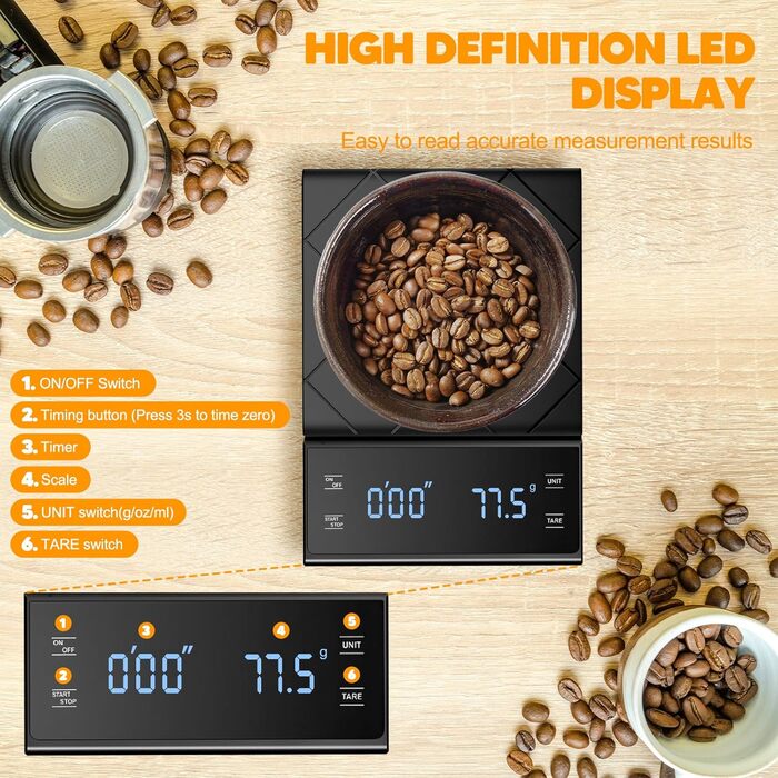 Електронні ваги для кави Viitech, до 3 кг, з таймером, 0.1 г, для дому та офісу