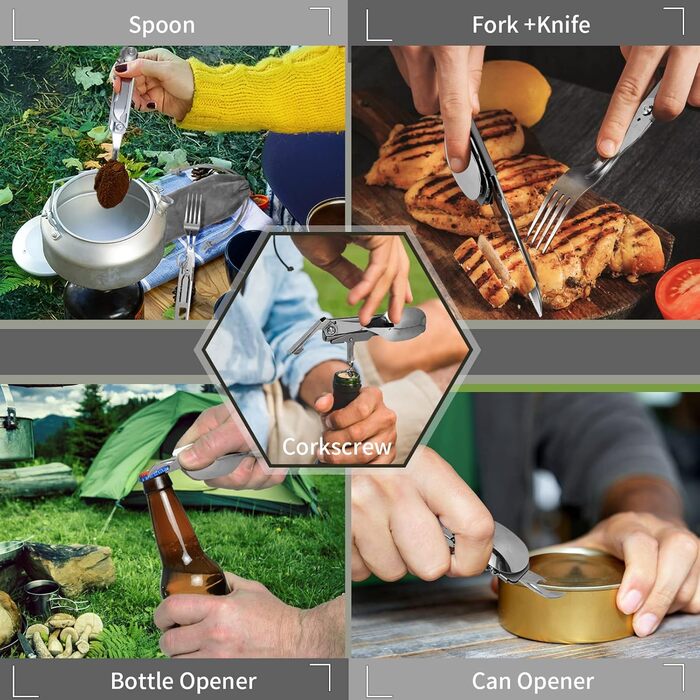 Німецький столовий прилад з нержавіючої сталі 5 в 1: ніж, виделка, ложка, набір для кемпінгу, туристичний посуд, портативний, з мішечком, для відпочинку на природі