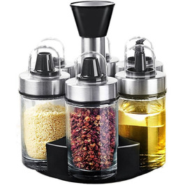 Spice Jar Oil Bottle Salt and Pepper Shakers Glass Jars with Rotating Holder, 100ml (6-Jar)