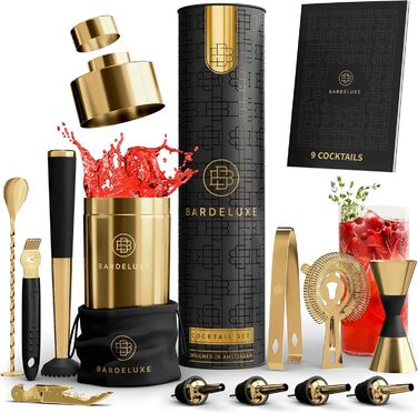 BarDeluxe® Cocktail Set, 12-Piece | Bartender Set, Cocktail Mixer Set | 750ml Stainless Steel Cocktail Shaker, Cocktail Shaker Set, Bartender Set | Luxury Cocktail Gift Set (Deep Gold)