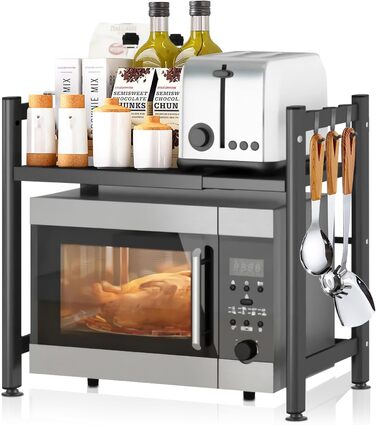 Розширювана підставка для мікрохвильової печі на 2 яруси з 4 гачками, чорна