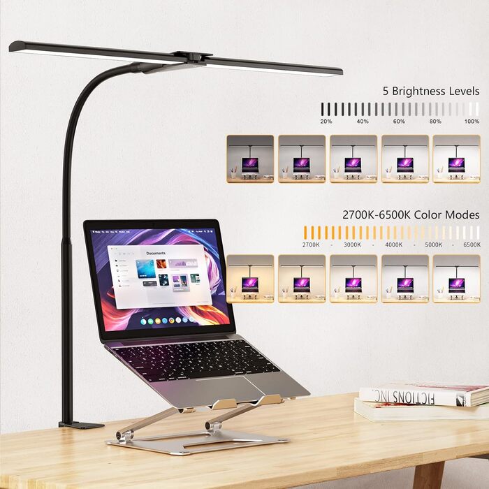 LED Desk Lamp with Adjustable Gooseneck - Dual Head, 1200 Lumens, Eye Protection for Home Office & Study - Black with 5 Color Temperature/Brightness Levels