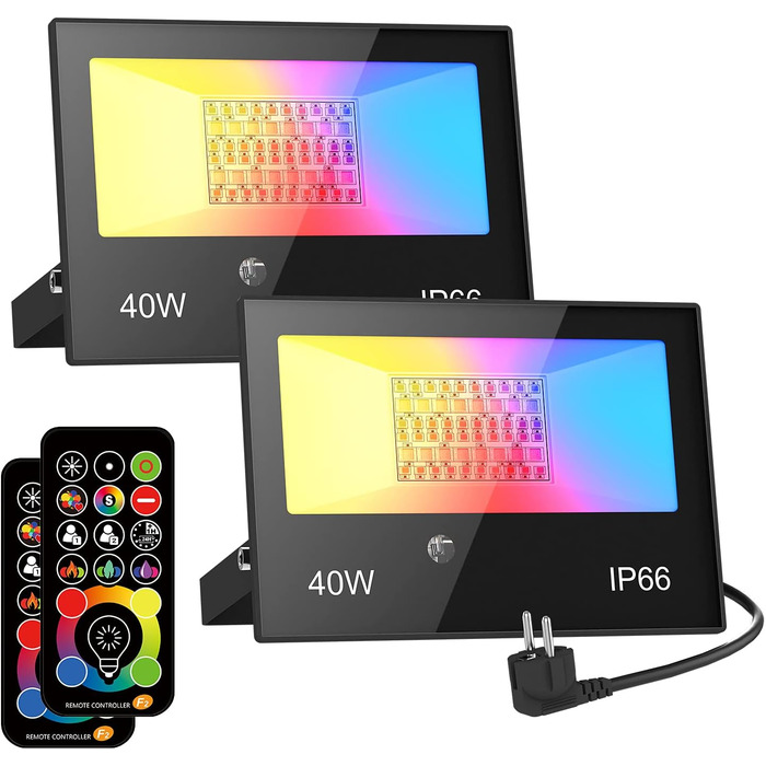 RGB LED Spotlight Outdoor 40W Floodlight with Remote Control, 120 Colors 5 Modes Color Changing Floodlight LED Indoor, 4000LM Cold White IP66 Waterproof Outdoor Spotlight for Garden, Backyard, Garage, Hallway - 2/Set