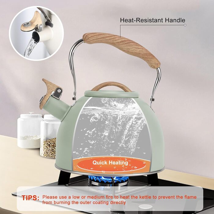 Чайник для плити Vegoran 3 л з гучним свистком, нержавіюча сталь з дерев'ястим декором, з кришкою-захопленням, для чаю, кави, молока (зелений)