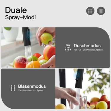 Чорний кухонний змішувач Rainsworth з висувною лійкою та душем, високий (56 см), з двома типами струменя, 360° оберт, з нержавіючої сталі, проста установка