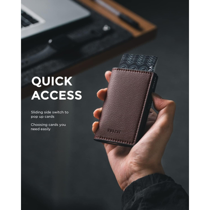 Гаманець-картхолдер VULKIT Pop-up RFID захист, шкіряний, коричневий, для 11 карток та купюр