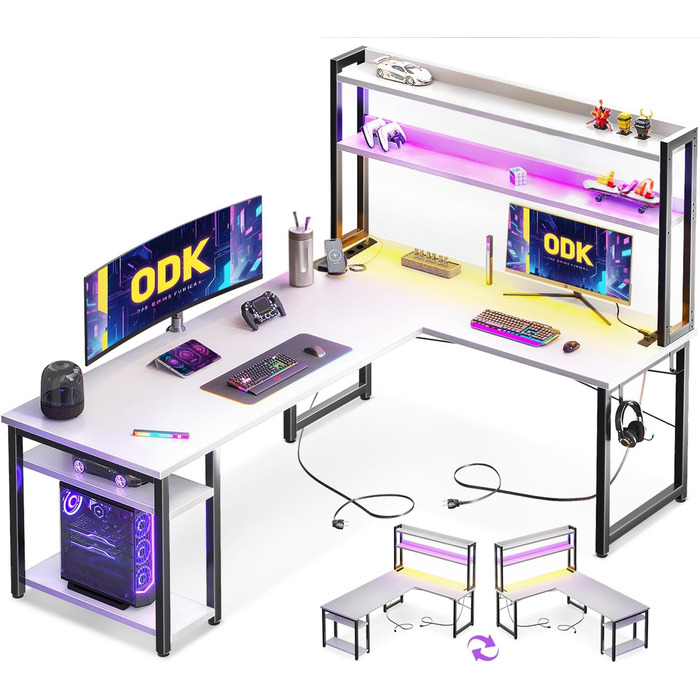 Ігровий стіл ODK L-подібний з LED-підсвіткою, розеткою та полицею для фігурок, кутовий письмовий стіл 150×120 см, білий