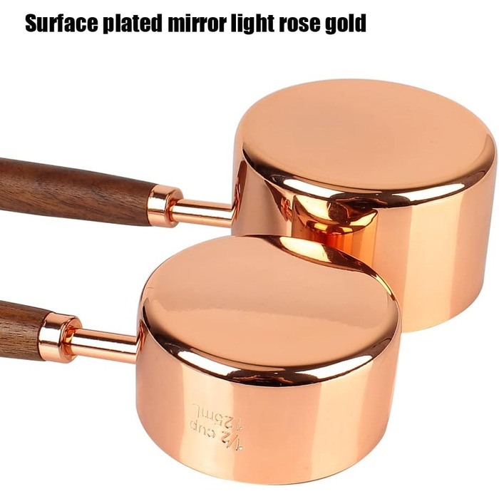Measuring cups and spoons with wooden handles, 8-piece set, coffee bartender scale, kitchen accessories (Rose Gold)