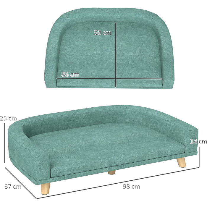 PawHut Софа для собак великих порід з підлокітниками, дерев'яними ніжками, знімним та пральним чохлом, 98 x 67 x 25 см, Зелена