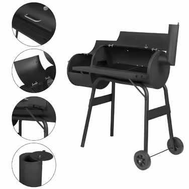 Charcoal Grill Smoker Charcoal Grill Cart 2 Chambers with Wheels Handle Stand Grill Barbecue Grill for BBQ Garden Camping Balcony, Black