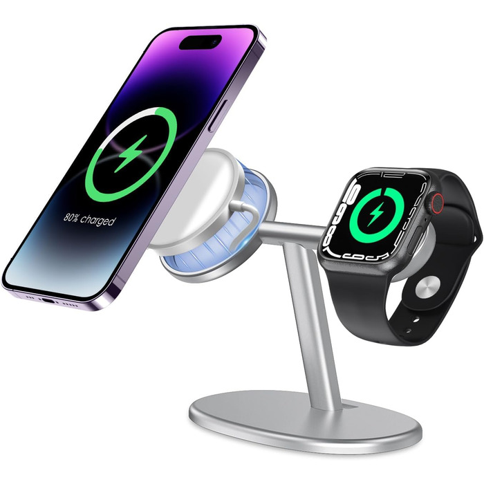 Бездротовий зарядний стенд 2-в-1 EWA для iPhone 13/12 та Apple Watch MagSafe (срібний)