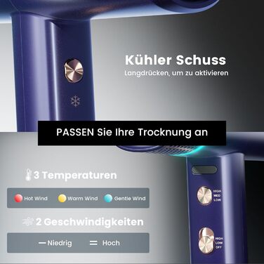 Іонізатор для волосся Föhn: Швидкий фен з дифузором для жінок та чоловіків, 3 режими, 2 швидкості, чорний (блакитний)