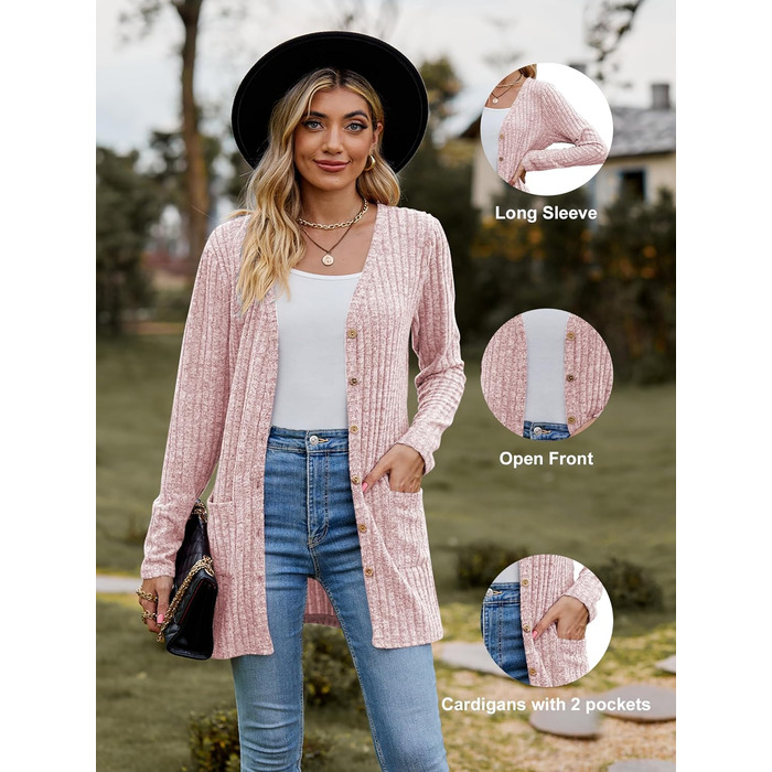 Кардиган жіночий з довгим рукавом, відкритий спереду, на ґудзиках, V-подібний виріз, легкий, з кишенями (XL, Рожевий)