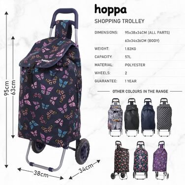 Hoppa 57L Shopping Trolley Large Shopping Roller Waterproof Shopping Cart Wagon (Black Flamingos) (Navy Blue Butterflies)
