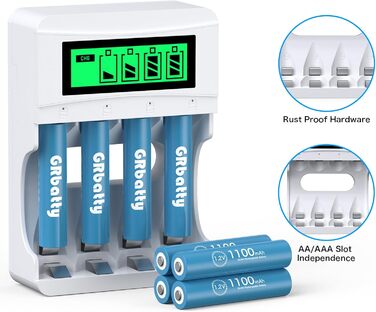 AAA акумулятори NiMH 1100mAh 1.2V з LCD-дисплеєм - 1200 циклів заряджання, комплект з зарядним пристроєм