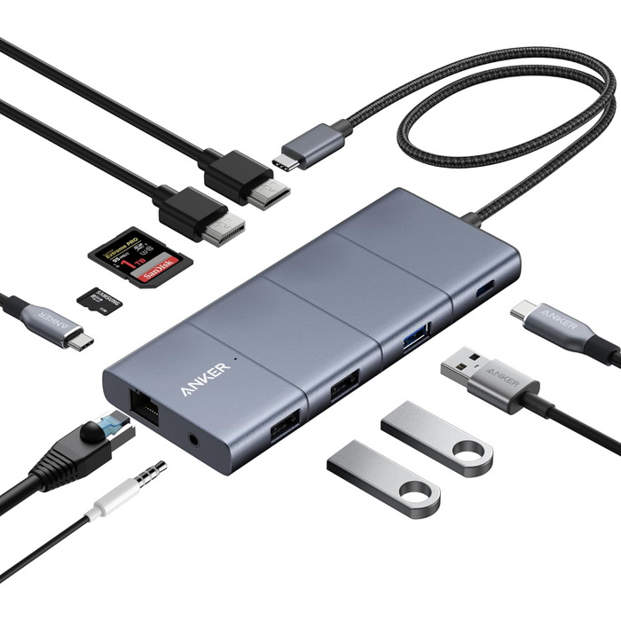 Хаб USB-C Anker 565 11-в-1: Док-станція з USB-A, HDMI 4K, DisplayPort, PD 85W, Ethernet, microSD, SD, для MacBook Pro та інших