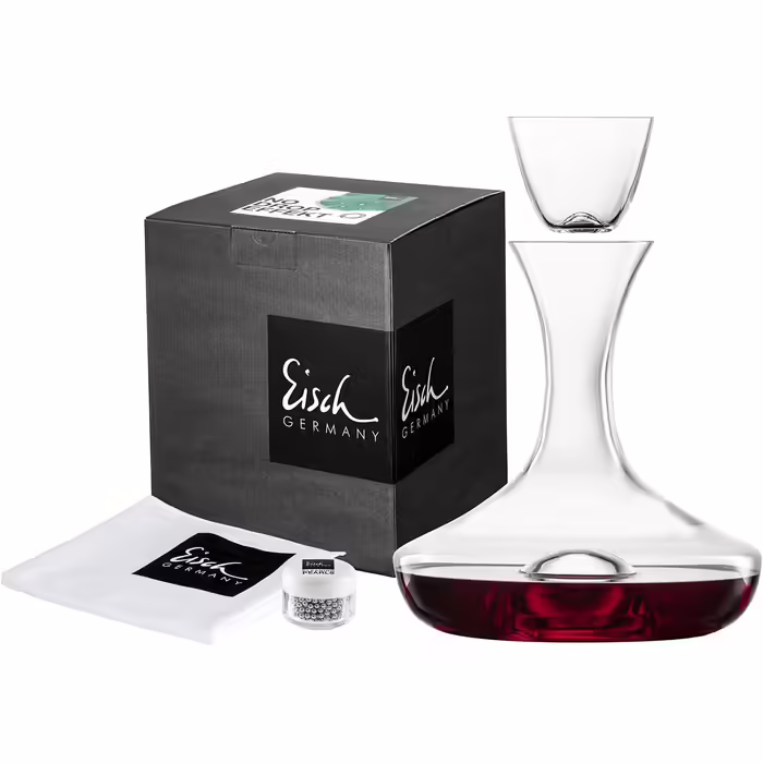 EISCH Decanter Set with Decanting Carafe, Decanter Stopper, Polishing Cloth & Cleaning Pearls - Decanter made of crystal glass with accessories for easy glass care - 750 ml