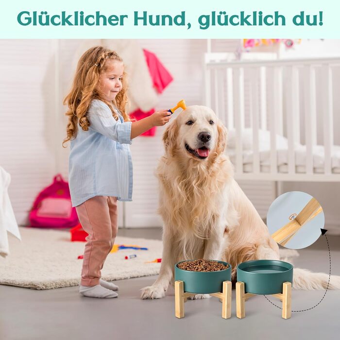 Набір мисок для корму для собак і котів SpunkyJunky з кераміки, піднятий на підставці з бамбука (2 шт. по 400 мл, зелений)