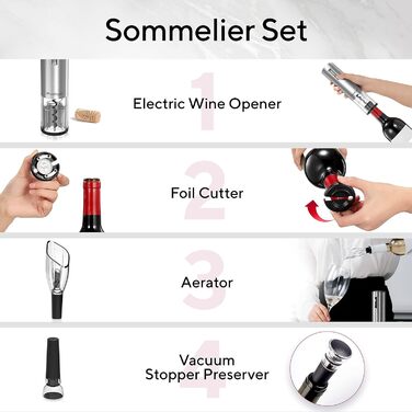 Premium Electric Wine Opener with Charging Station - Integrated Foil Cutter - Packaged in a High-Quality Gift Box - Black/Silver (Nemi - Silver)