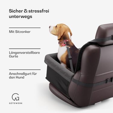 Автокрісло для собак середніх та маленьких порід Gütewerk, аксесуари для собак, стабільне автокрісло для собак на переднє сидіння, стабільне та складане автокрісло для собак, автокрісло для собак середнього розміру з запобіжним тросом, темно-сіре, на пере