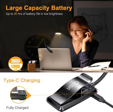 Ліхтарик для читання Gritin, кліпса на книгу, 3 режими кольору, регульована яскравість, USB акумуляторна, гнучкий на 360°, для читання в ліжку, комплект 2 шт., чорний