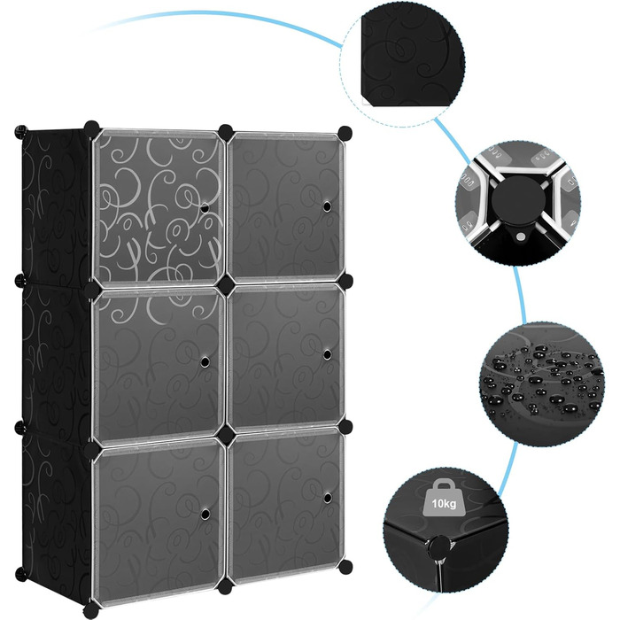 WOLTU Stackable Shoe Boxes, Shoe Rack with 6 Stackable Boxes, Storage Box with Door, DIY Shelf, Plastic Box for Shoe Storage, Shoe Organizer, 35x35x35 cm per Shoe Box, Black