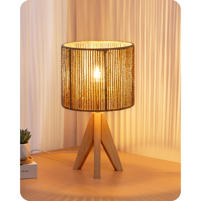 LED настільна лампа EDISHINE з абажуром з ручної роботи та дерев'яною ніжкою, 2700K, тепле біле світло, бохо стиль, для спальні, вітальні, готелю, з лампочкою E27 4W, в'язаний паперовий шнур