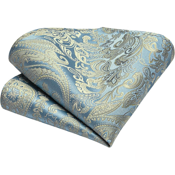 Чоловіча краватка DiBanGu з шовку, візерунок павлина та квіти, комплект: краватка, нагрудна хустинка, краваткова застібка, манжетні кнопки, класичний стиль, для весілля та свят (світло-золото-блакитний)