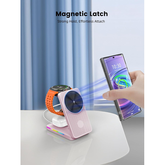 Магнітна зарядна станція 3-в-1 для Samsung Galaxy S26 Ultra, S25, Z Fold 7, Z Flip 7, Galaxy Watch Ultra 8/7/6, Buds Pro 3 (Рожева) - Бездротова зарядка Magsafe