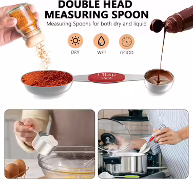 Measuring cups and magnetic measuring spoons, 5 stainless steel measuring cups with easy-to-read markings, 7 double-sided, stackable magnetic measuring spoons, and 1 leveler, multicolored