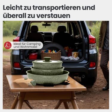 Набір посуду Dishdelight з антипригарним гранітним покриттям та знімними ручками, індукційні каструлі та сковороди з кришками, зелений колір