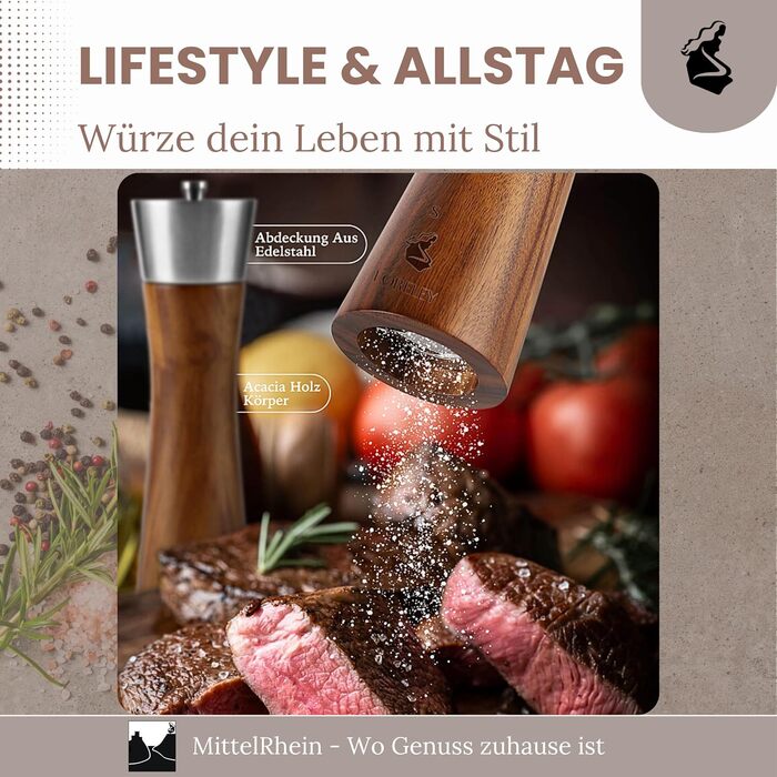 Мельниця для солі та перцю LORELEY® Mittelrhein Germany з дерев'яним корпусом та керамічним механізмом – з підставкою та пензлем – подарункова упаковка | Подарунок на весілля/новосілля (преміум нержавіюча сталь)