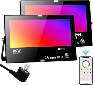 RGB LED Floodlight Outdoor 80W Bluetooth APP Control Floodlight Lighting Outdoor, 2700K & Million Colors Dimmable Smart Floodlight IP66 Waterproof Outdoor Floodlight Floodlight Garden Mood Lighting 2