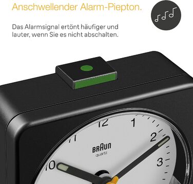 Braun Classic Analog Alarm Clock with Snooze Function and Light, Silent Quartz Movement, Crescendo Alarm, Black and White Model BC03BW.