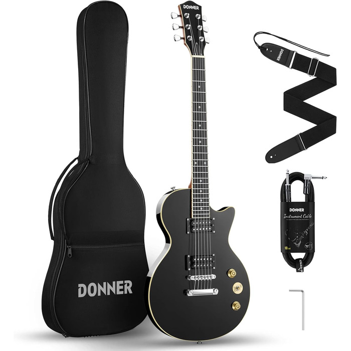 Електрогітара Donner Set LP-стиль 39 дюймів (Чорний) з чохлом, ременем та кабелем