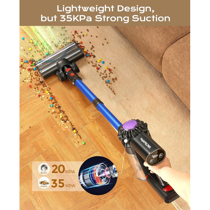 Бездротовий акумуляторний пилосос V15, 35KPa, 6-в-1, для твердих підлог та килимів, видаляє шерсть тварин (Блакитний)