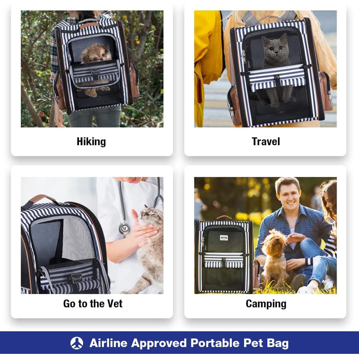 Рюкзак для кота Lekebobor, розширюваний, переноска для тварин, для маленьких собак та середніх котів до 8 кг, складний, для подорожей та походів, блакитний в смужку, 12.6'L x 11.2'W x 16.5'H - L