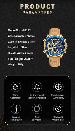 Навіфорс чоловічий військовий годинник: аналоговий кварц, водостійкий, спортивний, з багатофункціональним шкіряним ремінцем (золотий+блакитний)