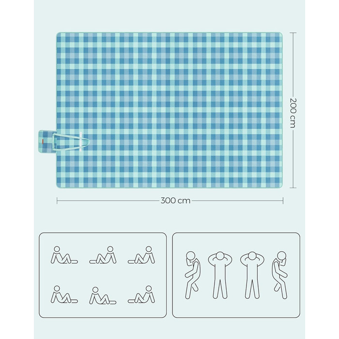 Плед для пікніка SONGMICS великий (200x300 см), водонепроникний, з 4 кілочками, для парку, саду, пляжу, складаний, блакитний GCM011Q02